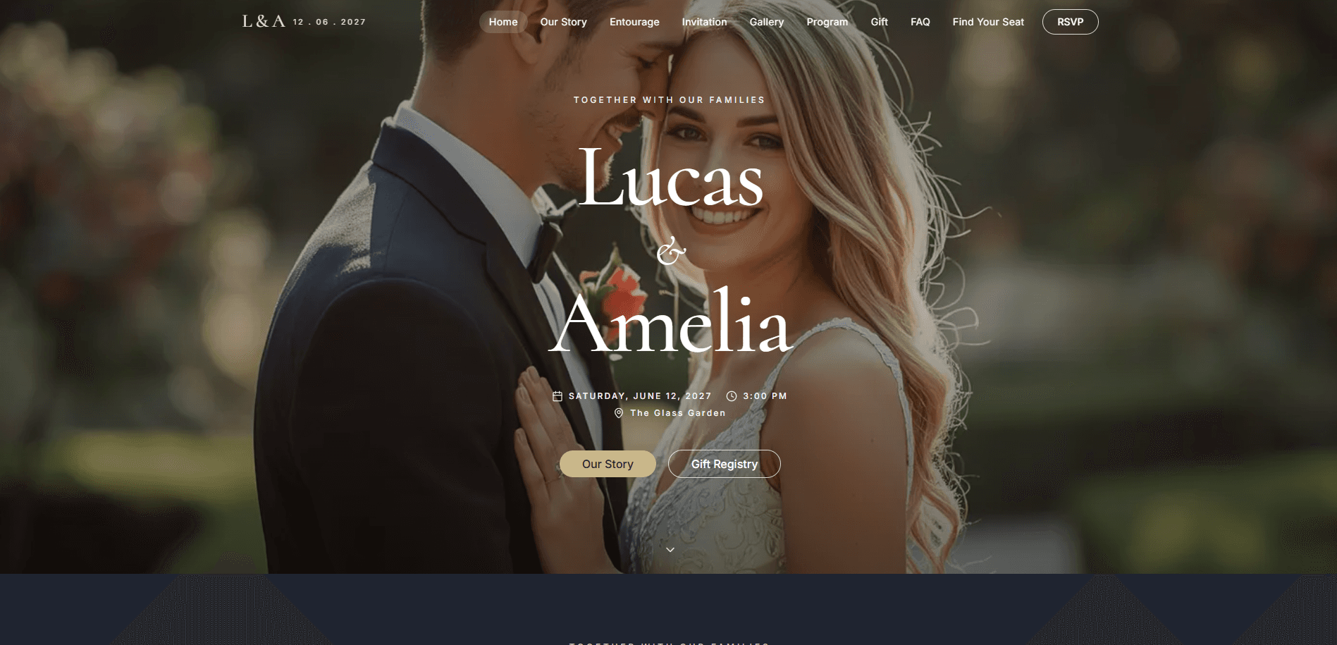 The Lucas & Amelia wedding site built with Vow Studio, showing a full-bleed couple photo with the wedding date