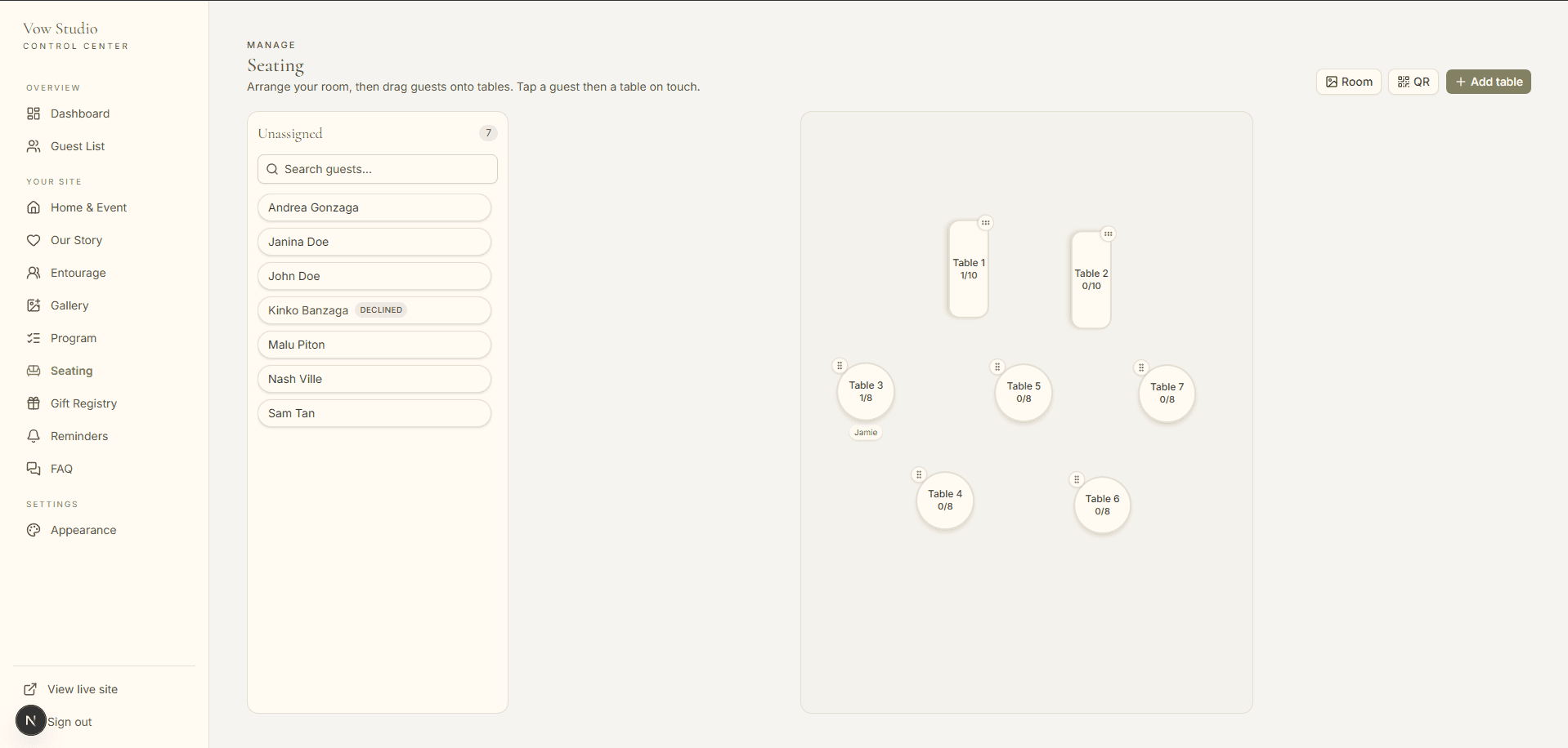 Seating builder canvas with tables laid out on a floor plan and a highlighted seating conflict
